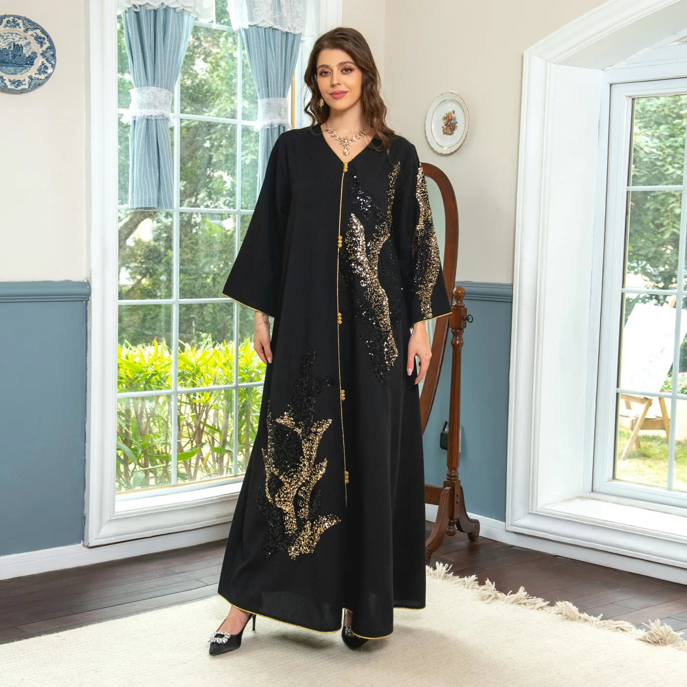 Dubai Abaya Wholesale Turkey Black Loose Style V-neck Long Sleeve Maxi Dress Islamic Clothing Women Abaya Dubai Islamic Clothing