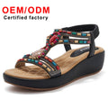 On - Trend Women's Bohemian Retro Beaded Elastic Band Rhinestone Wedge Heel Ankle Strap Platform Sandals Fashion Shoes Women