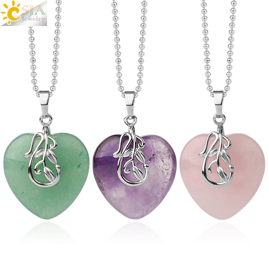 CSJA Wholesale Natural Crystal Heart Pendant Necklace Healing Stone Women Fashion Amethyst Necklace G412