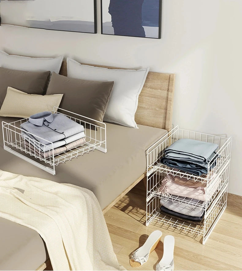 Bedroom Metal 4 Tier Clothes Storage Rack Wardrobe Retractable Pull Out Practical Clothing Organize Holder Iron Wire Snack Shelf