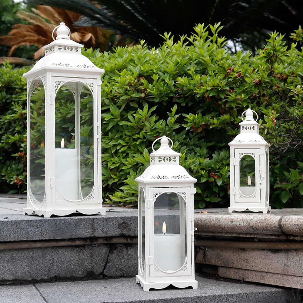 Set of 3 Rustic Metal Lantern Wedding Decor White Candle Lantern Indoor Outdoor Hanging Vintage Candle Holder