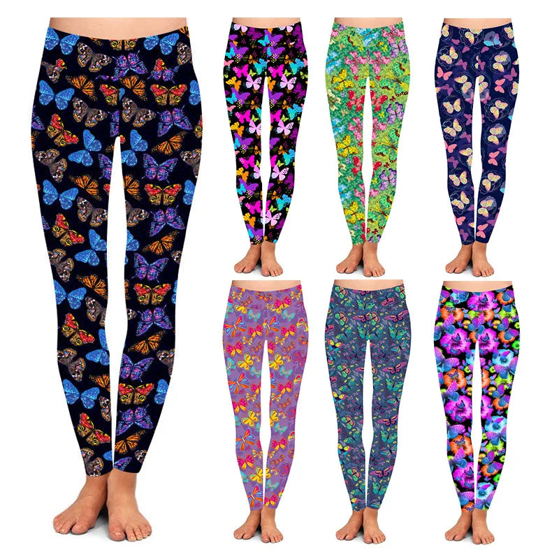 Fun Butterfly Printed High Yoga Waist Buttery Soft 92% Polyester 8% Spandex Leggings for Women