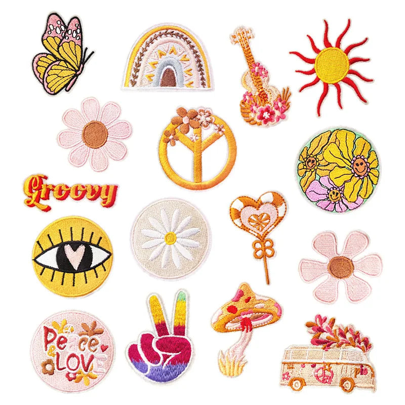 Iron on Embroidered Pink/Yellow Style butterfly rainbow Sun Flower Lollipop Guitar Patches for Clothes Bag Decoration