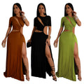 Spring Summer Elegant Dress Women Short Sleeve O Neck Hollow Out Split Maxi Dress Women Casual Dress