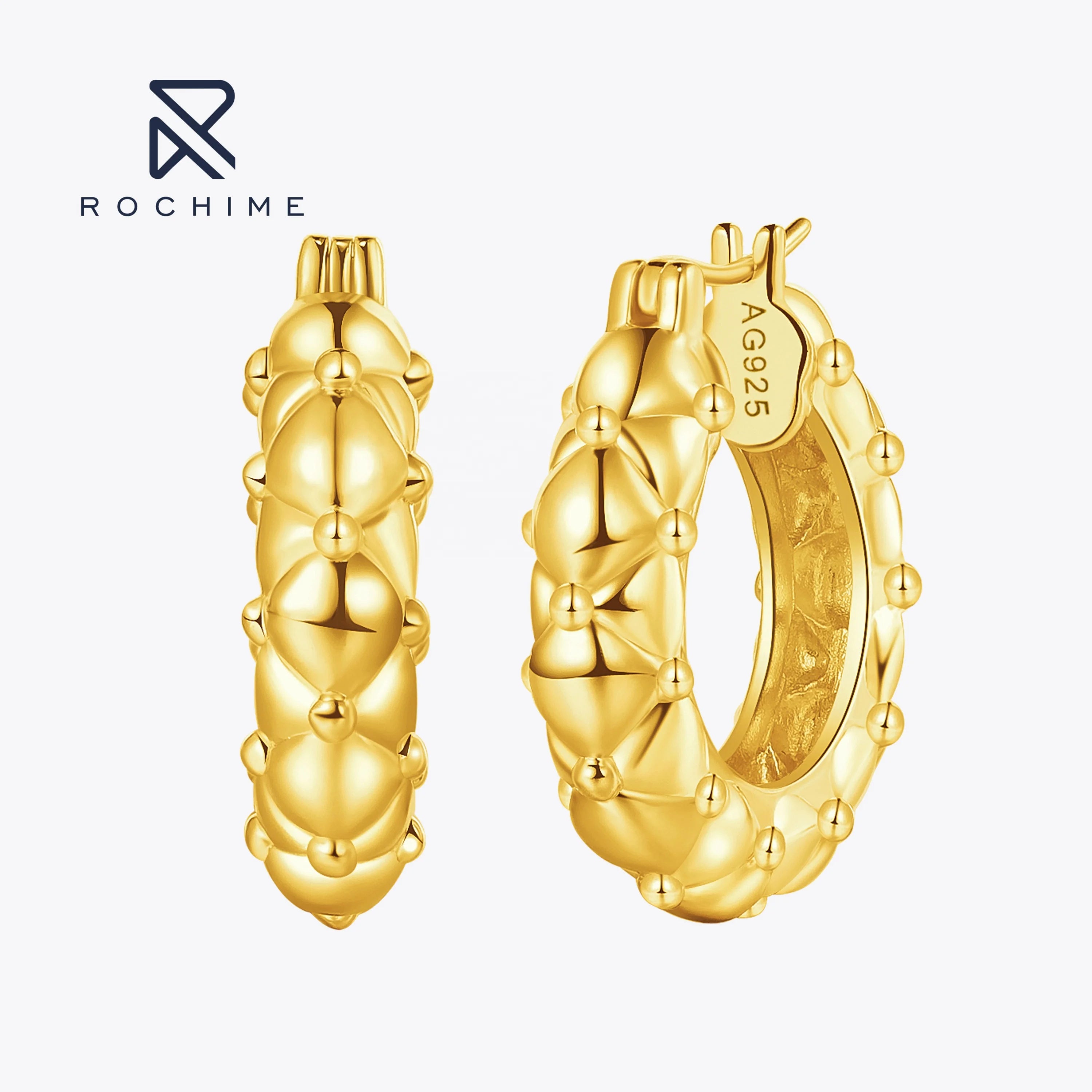 Rochime Vintage Style Lingge Hoop Earrings Earrings  925 Sterling Silver 18k Yellow Gold Plated 5a Zircon Jewelry for Women