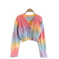 Autumn Winter New Korean Gentle Wind Jacket Office Causal Women Short All-match Rainbow Striped Knitted Cardigan Sweater