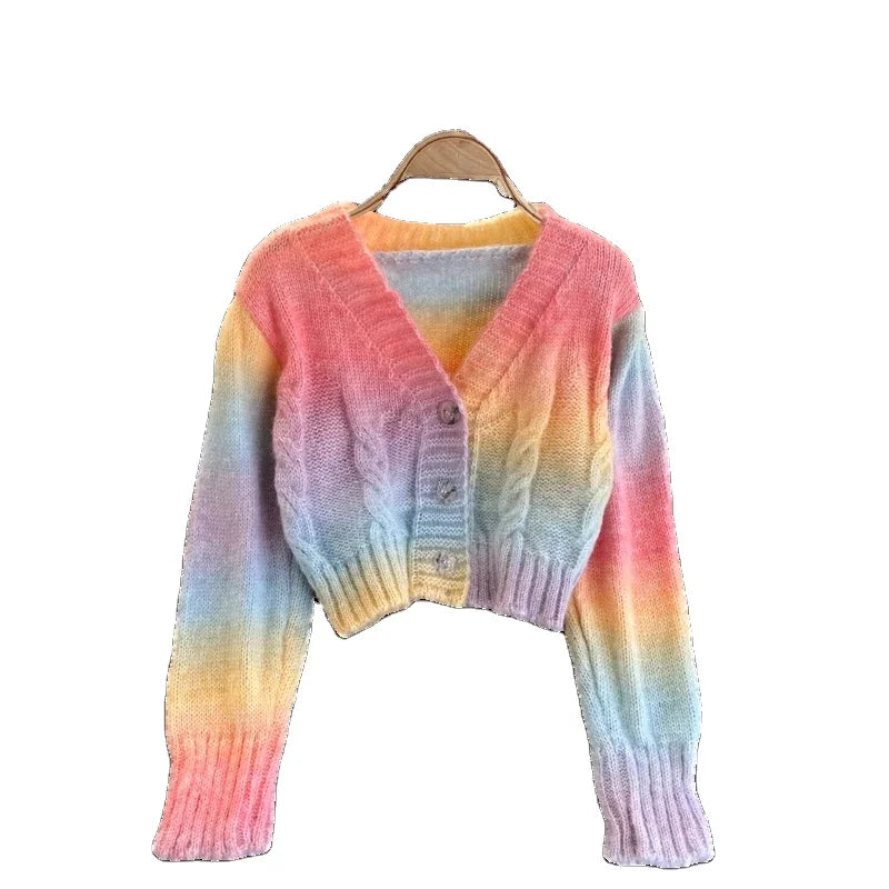 Autumn Winter New Korean Gentle Wind Jacket Office Causal Women Short All-match Rainbow Striped Knitted Cardigan Sweater
