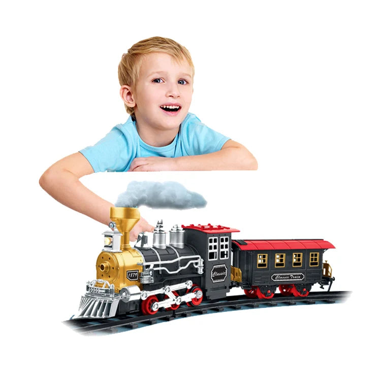 Educational Retro Steam Train Set with Real Smoke & Lights Battery Operated Classic Railway Track Toy for Kids Gift