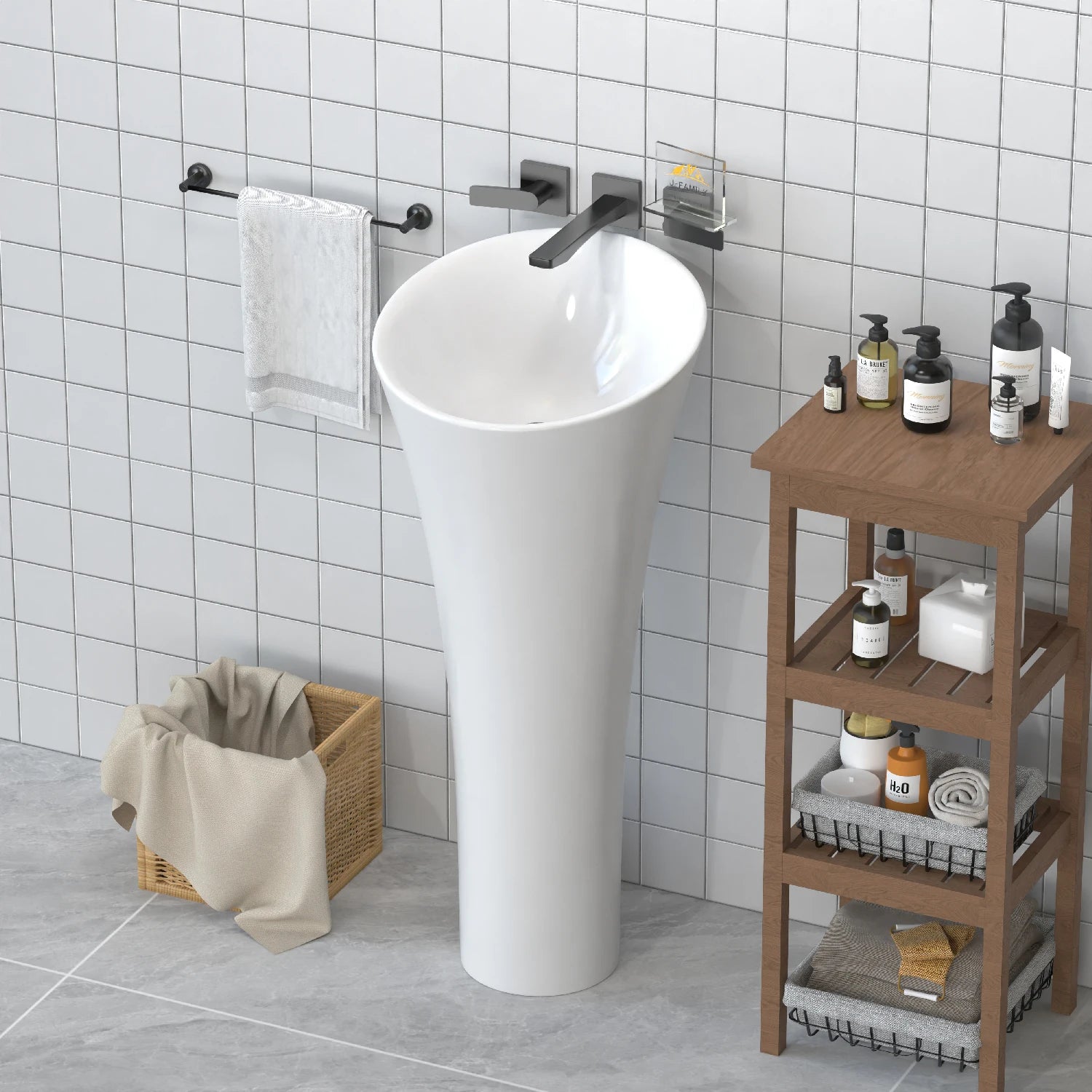 Hot Sale Solid Surface Bathroom Sink with Pedestal  Cheap Supply Freestanding Wash Basin