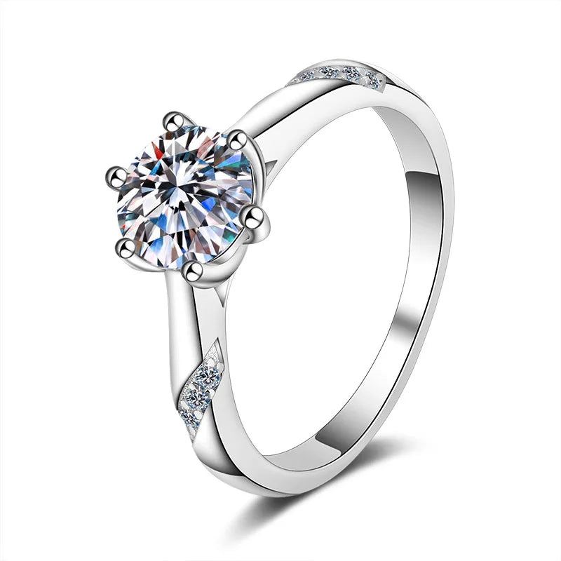 Nickel free Non allergic 925 Fine Silver Ring Six Clawed Round Moissanite Ring Wedding Ring For Girls Fashion Women Jewelry