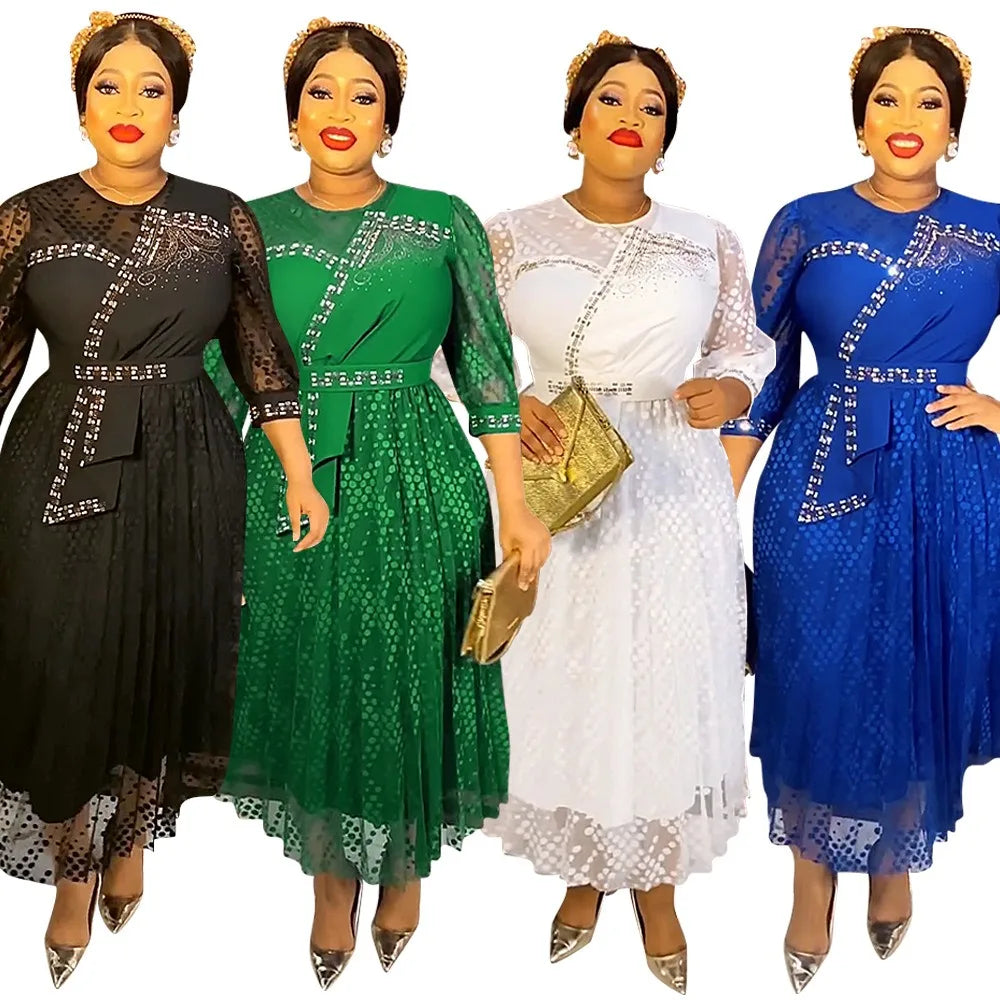 2023 African Spring New Evening Dress Mesh Sleeve Long Maxi Dress Women Beauty Sequin Party Plus Size Dresses Robe Femme K0151