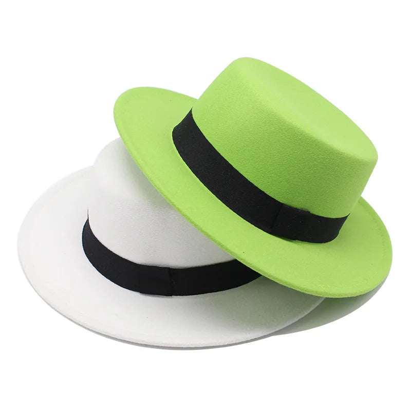 Wholesale Custom Logo Fashion Unisex Wool Flat Top Hat Woolen Winter Wear Plain Color Short Wide Brim Felt Jazz Fedora Hats