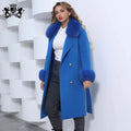 Janefur Fashionable Mid-long Women Lady Small square fox Fur Collar Wool Cashmere Coat