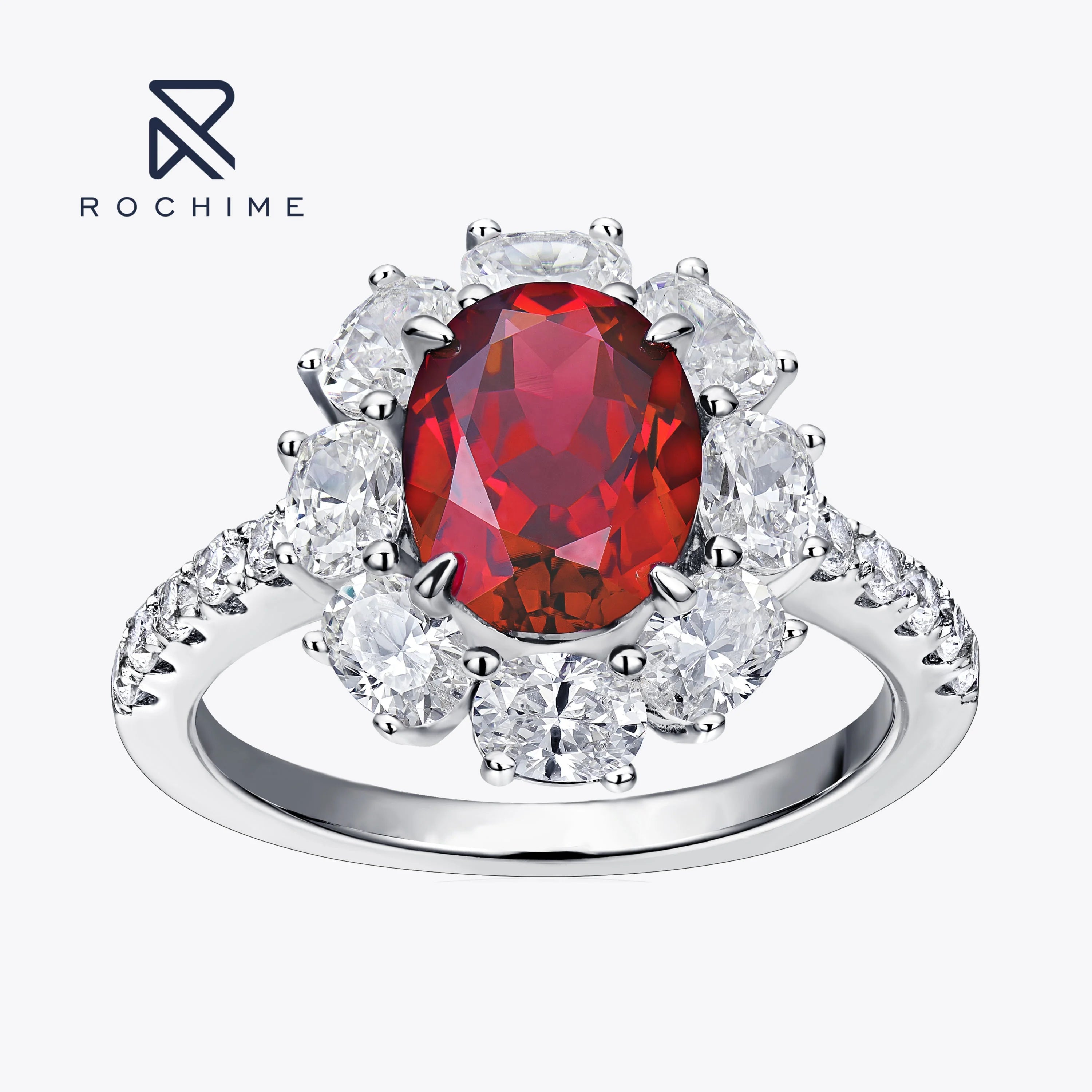 Rochime Luxury Flower Cluster Oval Cut Synthetic Ruby Rings 925 Sterling Silver Rhodium Plated  5a Zircon Jewelry for Women