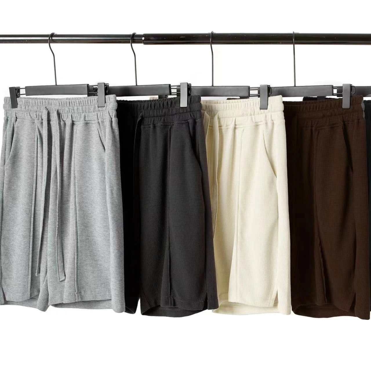 Hot Selling Breathable Cotton Knit Waffle Mid Waist Men's Casual Board Shorts Side Slit Loose Hip Hop Thermal Shorts Sets