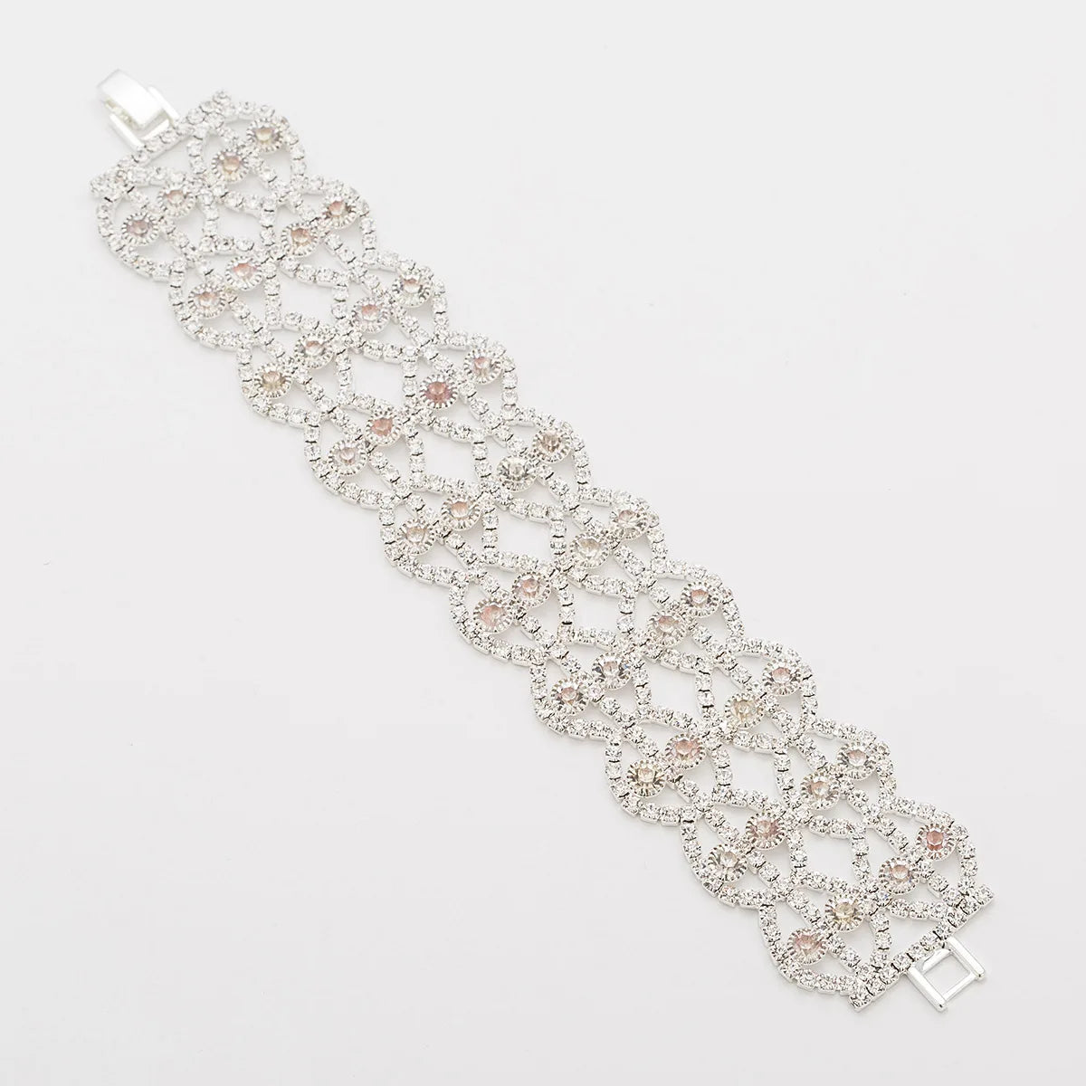 Factory's Wavy Hollowed Out Crystal Glass Rhinestone Pave Fold-Over Clasp Bridal Bracelets with Fashionable Charm
