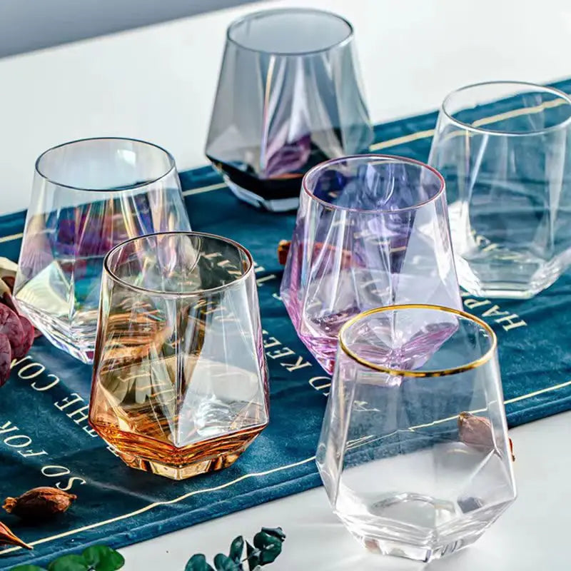 Diamond Stemless Golden Six Edge Glass Transparent Geometric Insulated Drinking Cup for Cocktails