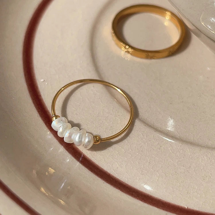 Autumn Winter Baroque Natural Pearl Ring French Simple Gold Plated Ring INS Style Stainless Steel Ring for Women