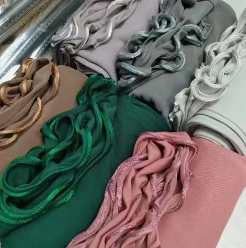 Hot Selling Jersey Cotton With Shiny Satin Rope for Muslim Women Soft and Stretchy Fabric Macaron Scarf Hijab