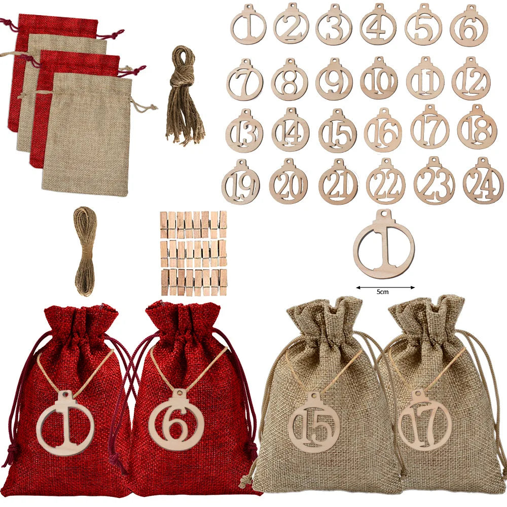 Jute Advent Calendar Bags Christmas Countdown Hanging Pouch DIY Set with Wooden Tokens-Factory Wholesale
