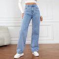 Women's Mid-Wash Breathable Quick Dry Denim Pants High-Waisted Loose Straight Leg Casual Style Button Decoration Solid Jeans