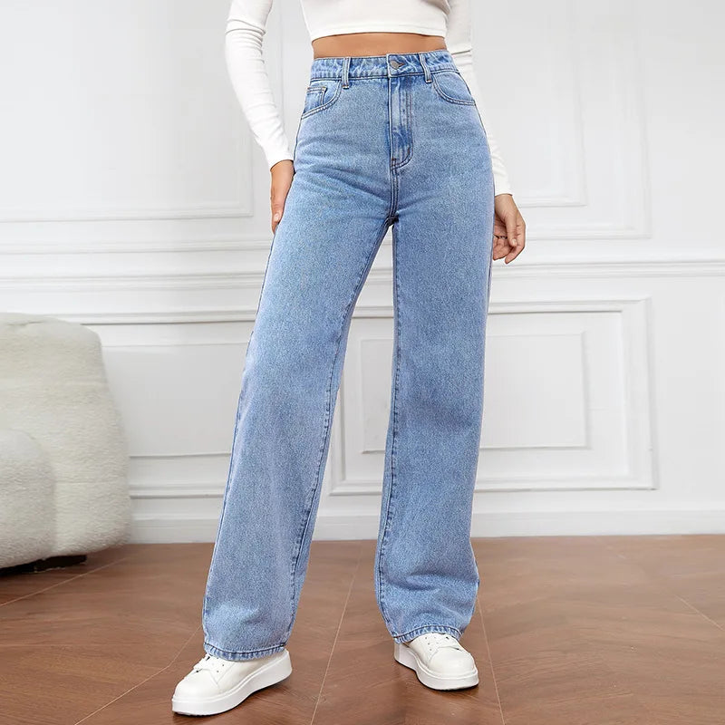 Women's Mid-Wash Breathable Quick Dry Denim Pants High-Waisted Loose Straight Leg Casual Style Button Decoration Solid Jeans