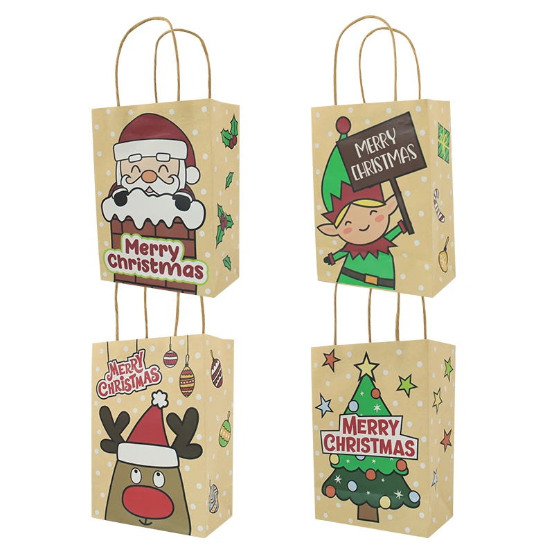Kraft Christmas Gift Paper Bags with Handles 15*8*21cm 150gsm Bulk for Xmas Holiday Party Favors Goody Bags Wrapping Presents