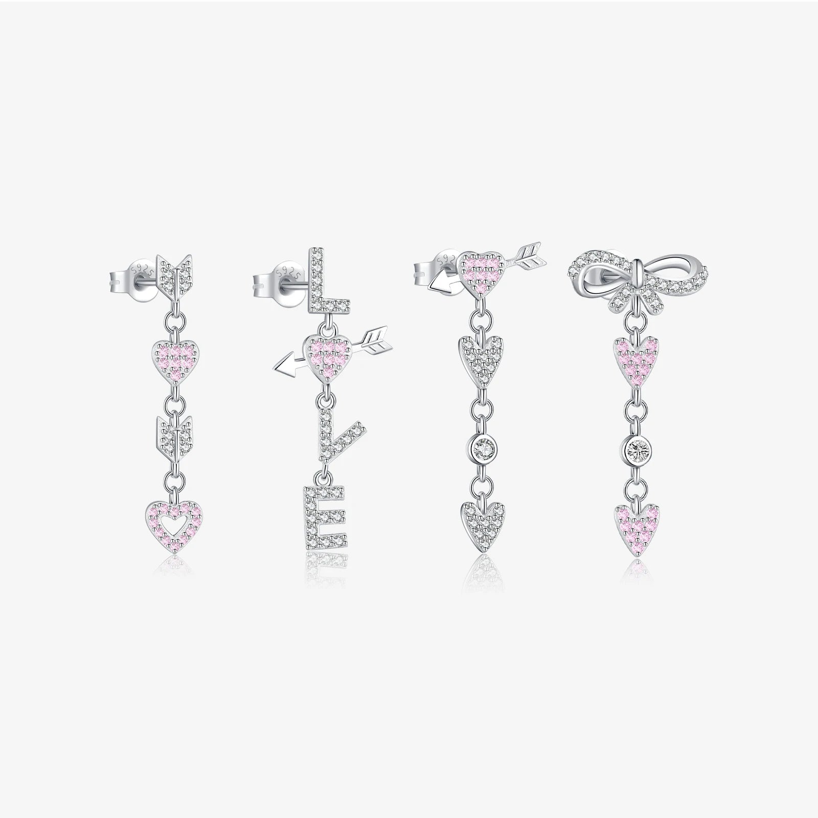FUAMAY 925 Sterling Silver Love Heart Arrow Bow Earrings - Pink & White Zirconia Dangle Jewelry for Women