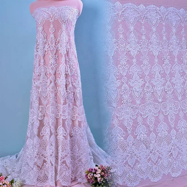 Beaded Luxury Fabric  Sequins Tulle Lace Fabric Embroidery  Lace Fabric Beads Bridal Wedding Lace