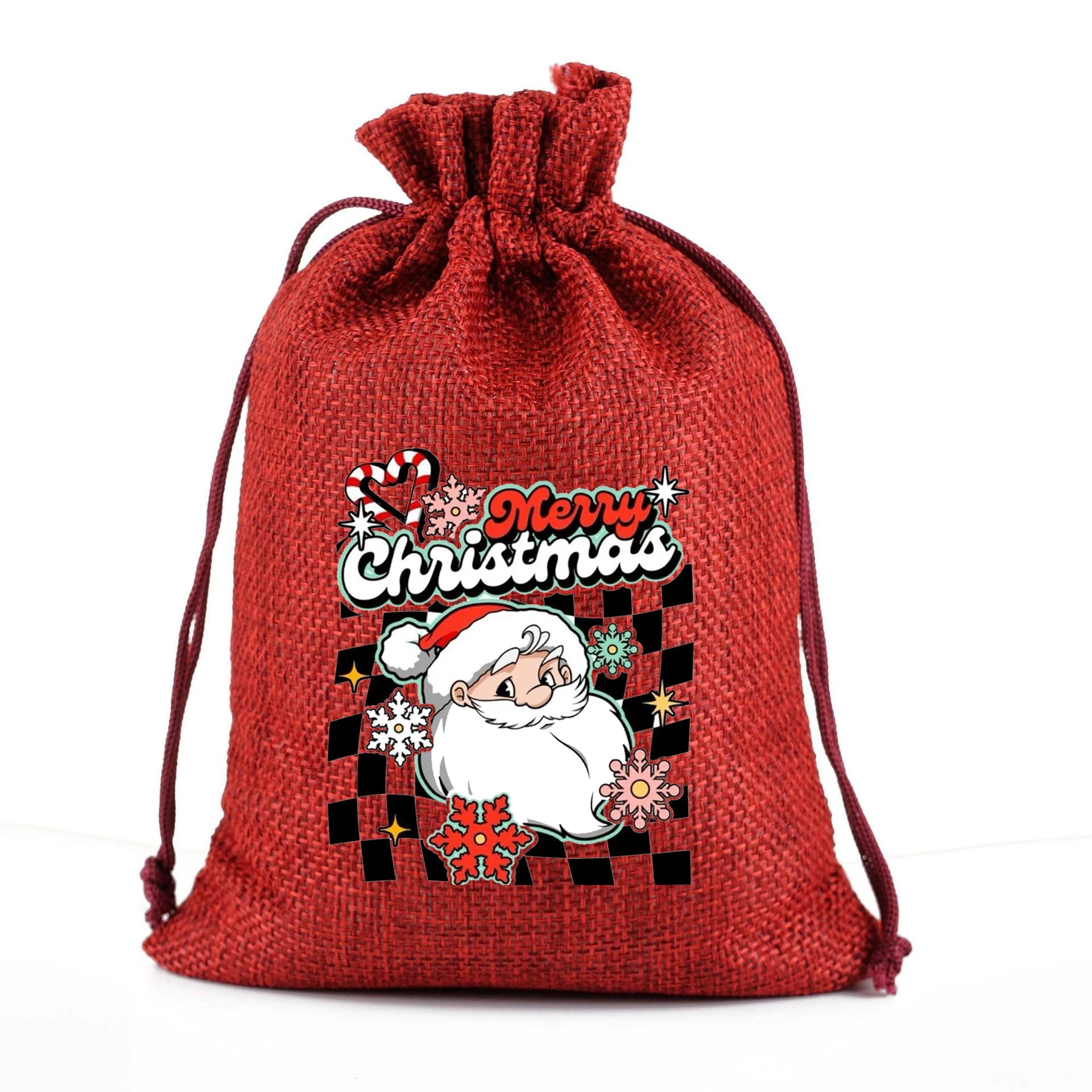 Christmas Cotton Drawstring Gift Bag Small Jute Santa Socks and Snowflake Cute DIY Bulk Blank Printed Bag
