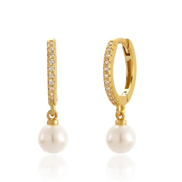 SP Luxury Jewelry 925 Sterling Silver 18k Gold Plated Zircon Hoop 925 Silver Pearl Drop Earrings
