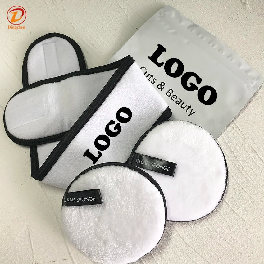Luxury Women Skincare Reusable Makeup Remover Sponge Pads with Spa Headband Microfiber Face Eyes Cleansing Cloths with LOGO