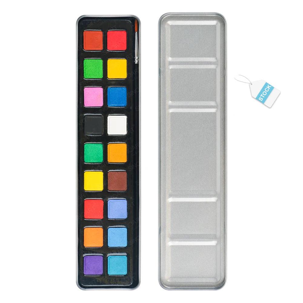SINOART 18colors Tin Box Solid Watercolour Paint Set With Brush Perfect for Students Beginners