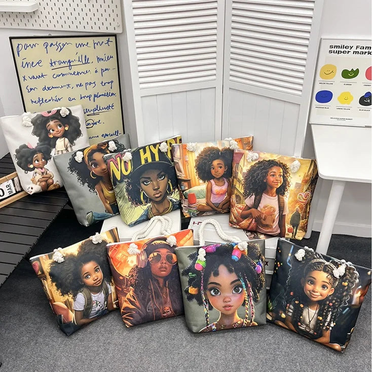 Wholesale Cool Black Woman African Bag Fashion Thick Canvas Tote Bags Canvas Tote Bag with Zipper