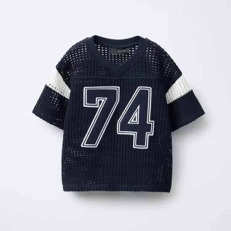 Navy Blue Sports Sweatshirt Crochet Designs EMBROIDERED NUMBER KNIT T-SHIRT Sweatshirt Top Knitted Mesh Jersey