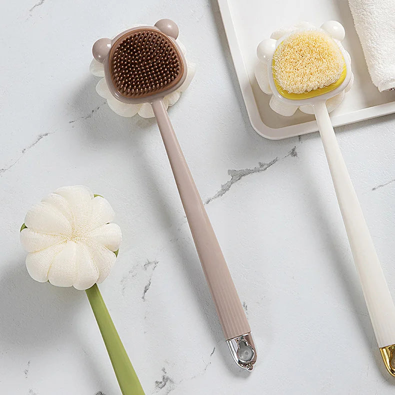 Bear Shape Double Head Body Scrubber Cleaner Shower Brush Sponge Long Handle Body Cleaning Exfoliating Silicone or Bristle Head