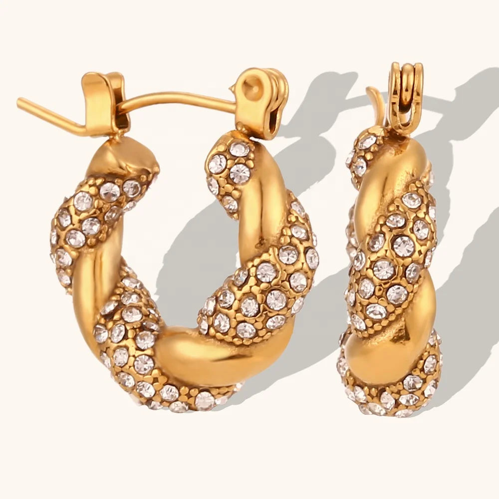 Dingran Fine Jewelry Twisted Zircon Pearl Earring Stainless Steel 18k Pvd Gold Plated Hoop Earring for Women