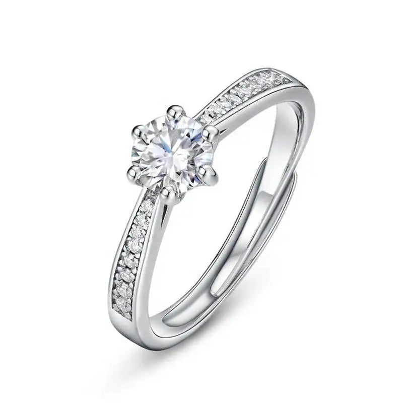 Women's 925 Sterling Silver Engagement Wedding Jewelry Solitaire Moissanite Diamond Ring Six Claw Setting Six Claw Setting Ring