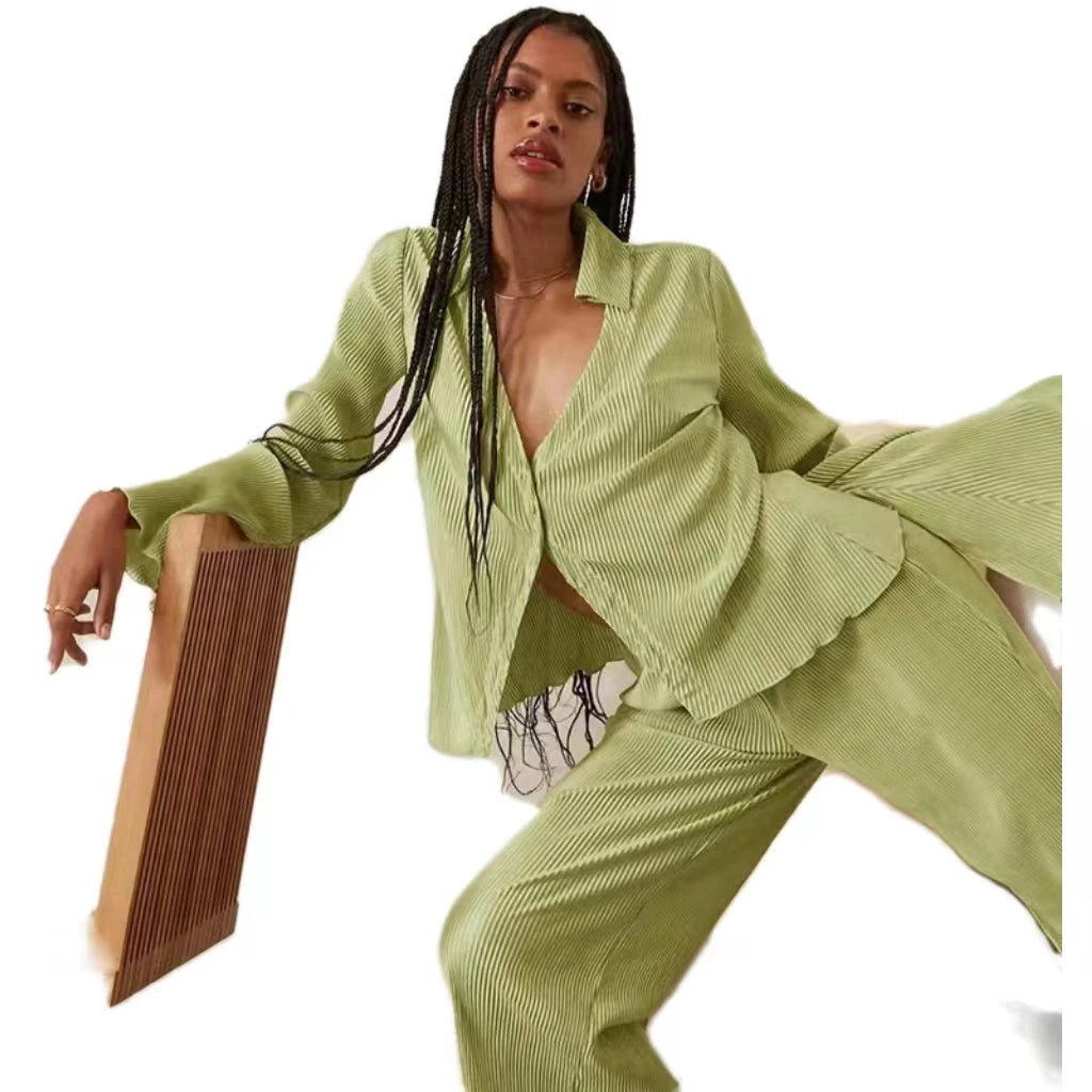 European American 100% Cotton Linen Flare Sleeve Shirt Straight Trousers Set Sexy Casual Breathable Loose Fit Solid Pattern