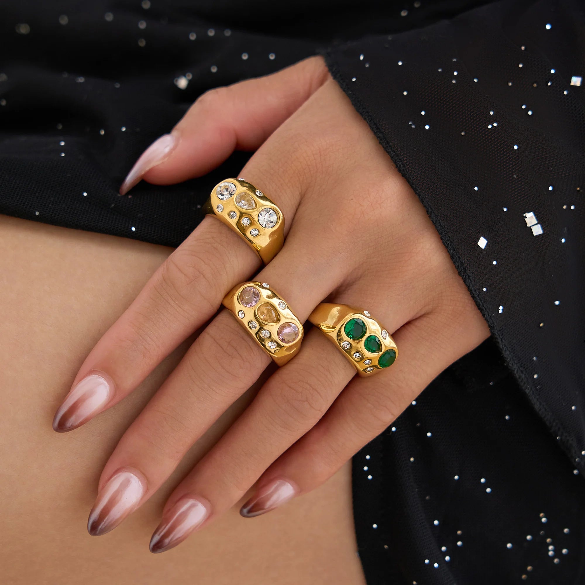 VINTAGE LEAF TEARDROP GREEN PINK ZIRCON RING Dazan New HOT INS 18k PVD Gold Plated Stainless Steel Christmas Surprise Gift