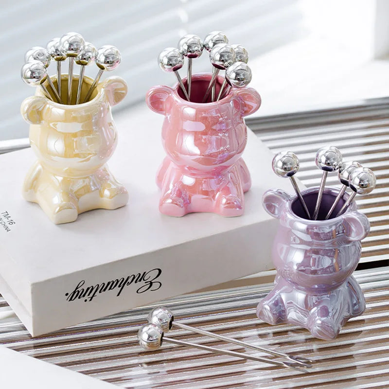 Wholesale 6-Piece Stainless Steel Cute Bear Fruit Fork Set with Mirror Polish Iridescent Handle Party Dessert Shop