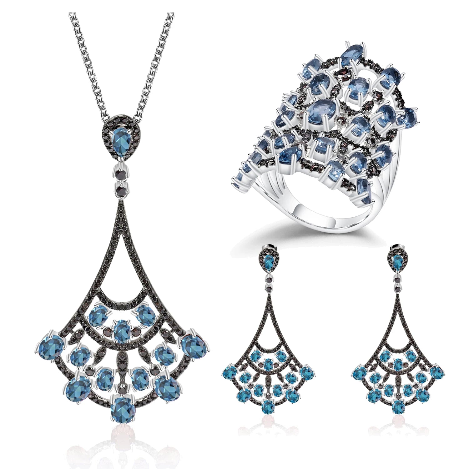 W0317 Abiding Fine Jewelry Natural London Blue Topaz Designer Style 925 Sterling Silver Jewelry Sets for Woman Jewellery