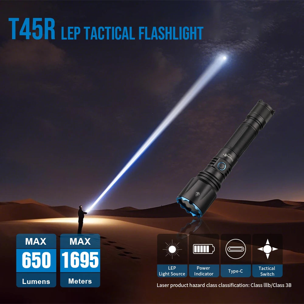 1750m Long Range LEP White Laser Flashlight 650LM USB-C Rechargeable IP68 Waterproof Aluminum Tactical Torch for Hunting
