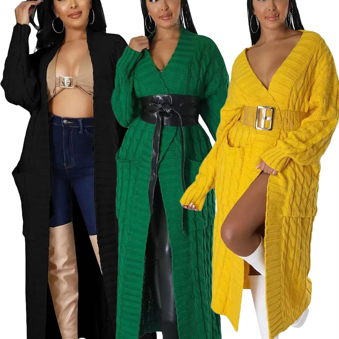 D7007 Long Cardigan Sweaters Women Knit Shawl Collar Knitwear Coat
