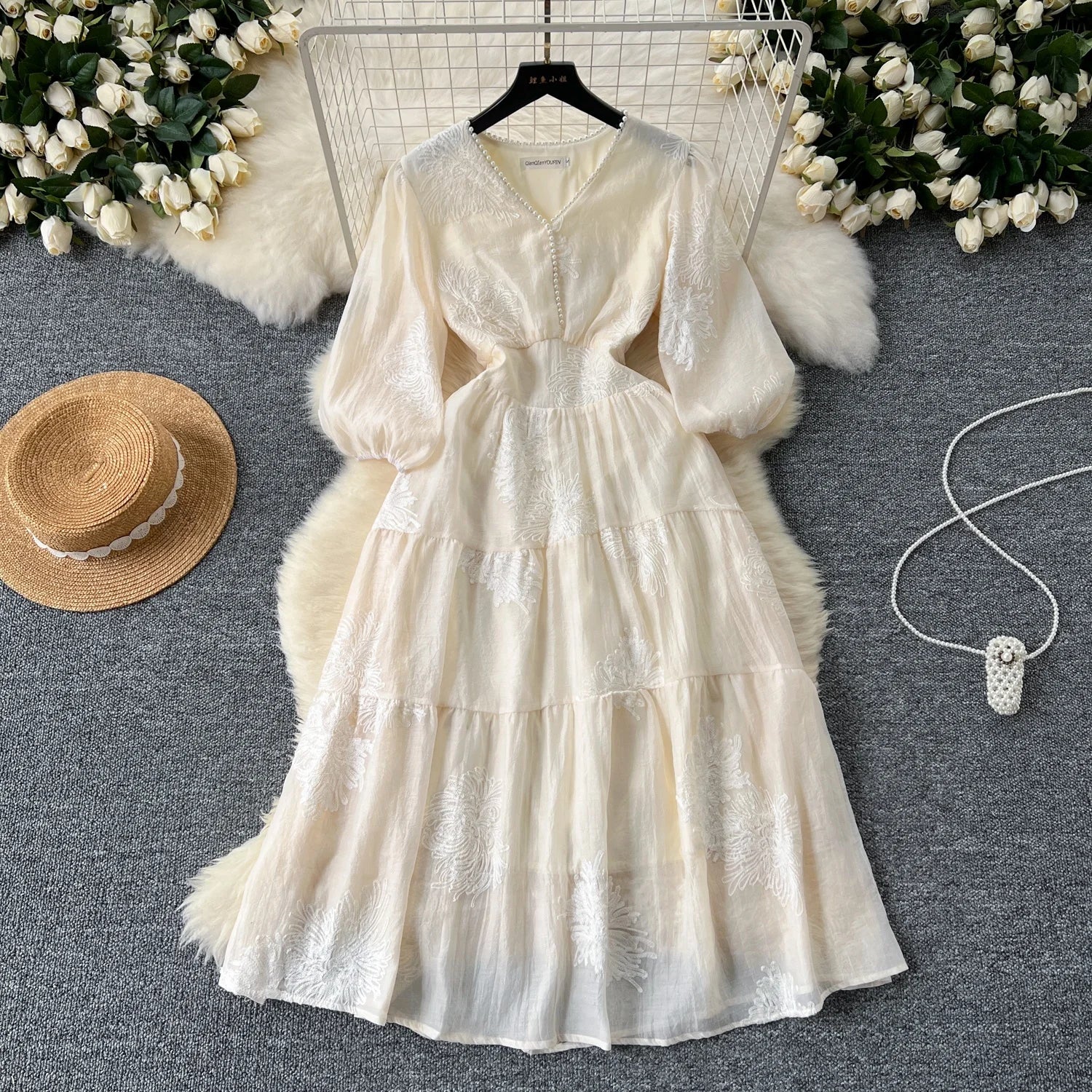 Women V-Neck Beaded Embroidery Lantern Sleeve Waisted Elegant Women Long Dresses