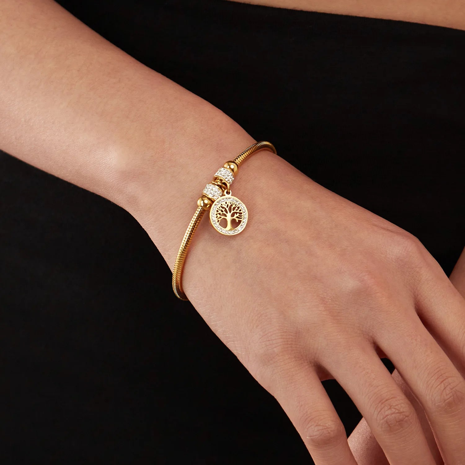 In Stock Ready to Ship Factory Wholesale Price PVD Gold Plated Stainless Steel Tree of Life Charm Bracelet Bangle Women Jewelry