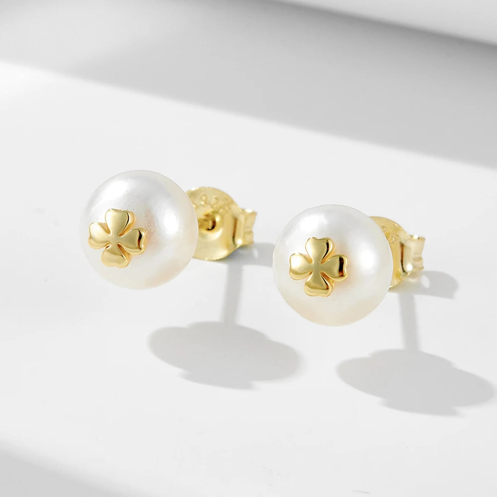 Aretes De Perla Wholesale 14K Gold Plated Jewelry 925 Sterling Silver Bread Pearls Inlay Four Leaf Clover Stud Earrings Women