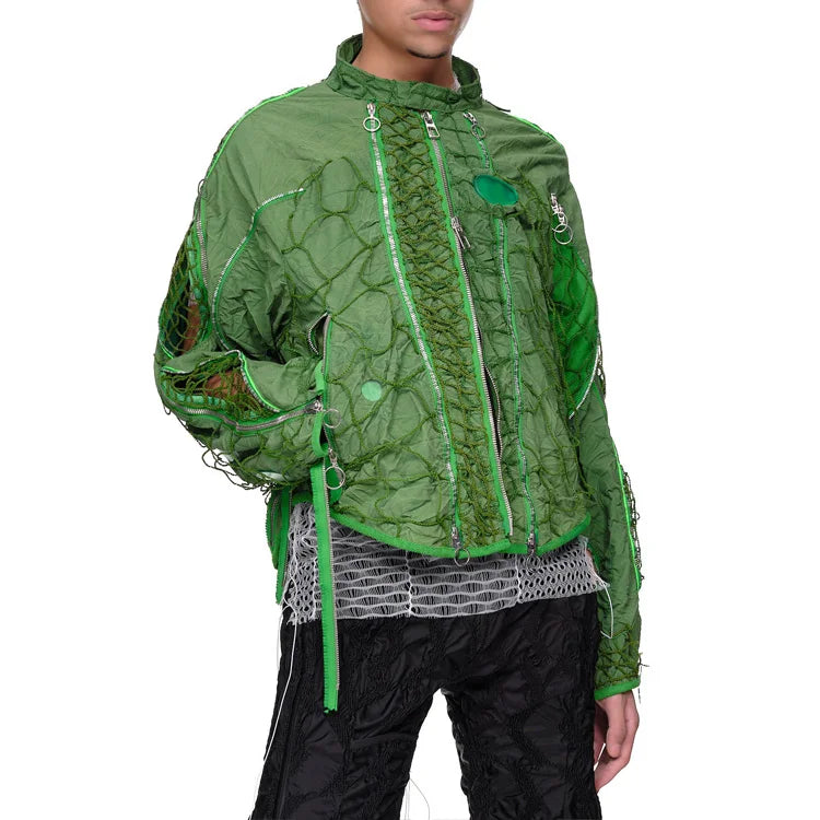 Spring OEM Coated Woven Punk Motorcycle Jacket with Stand Collar Patchwork Design Thin Mesh Zip-Up Closure for Men