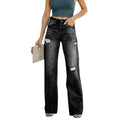 Casual Breathable Denim Solid Ripped Straight-leg Jeans for Women Fashion