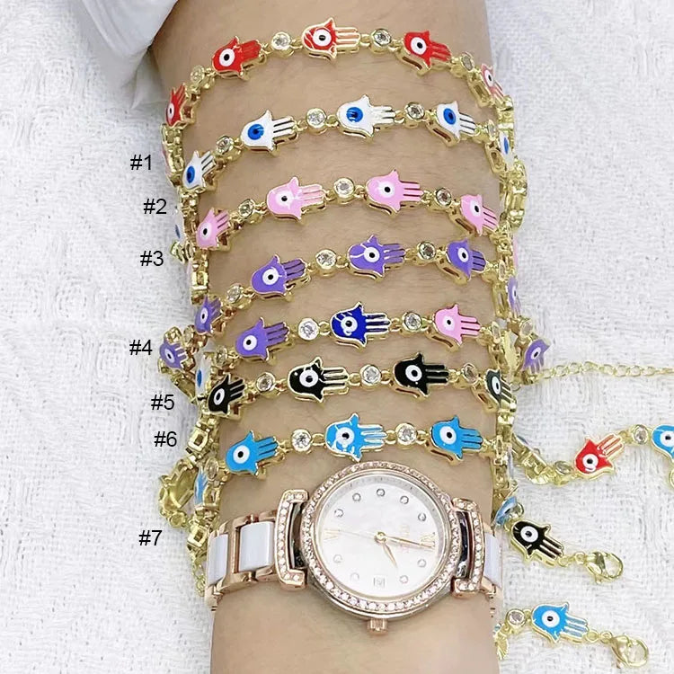 BC1392 Dainty 18k Gold Plated Enamel Multi Colored Hamsa Fatima Hand With Eye & With CZ Spiritual Chain Good Luck Bracelets